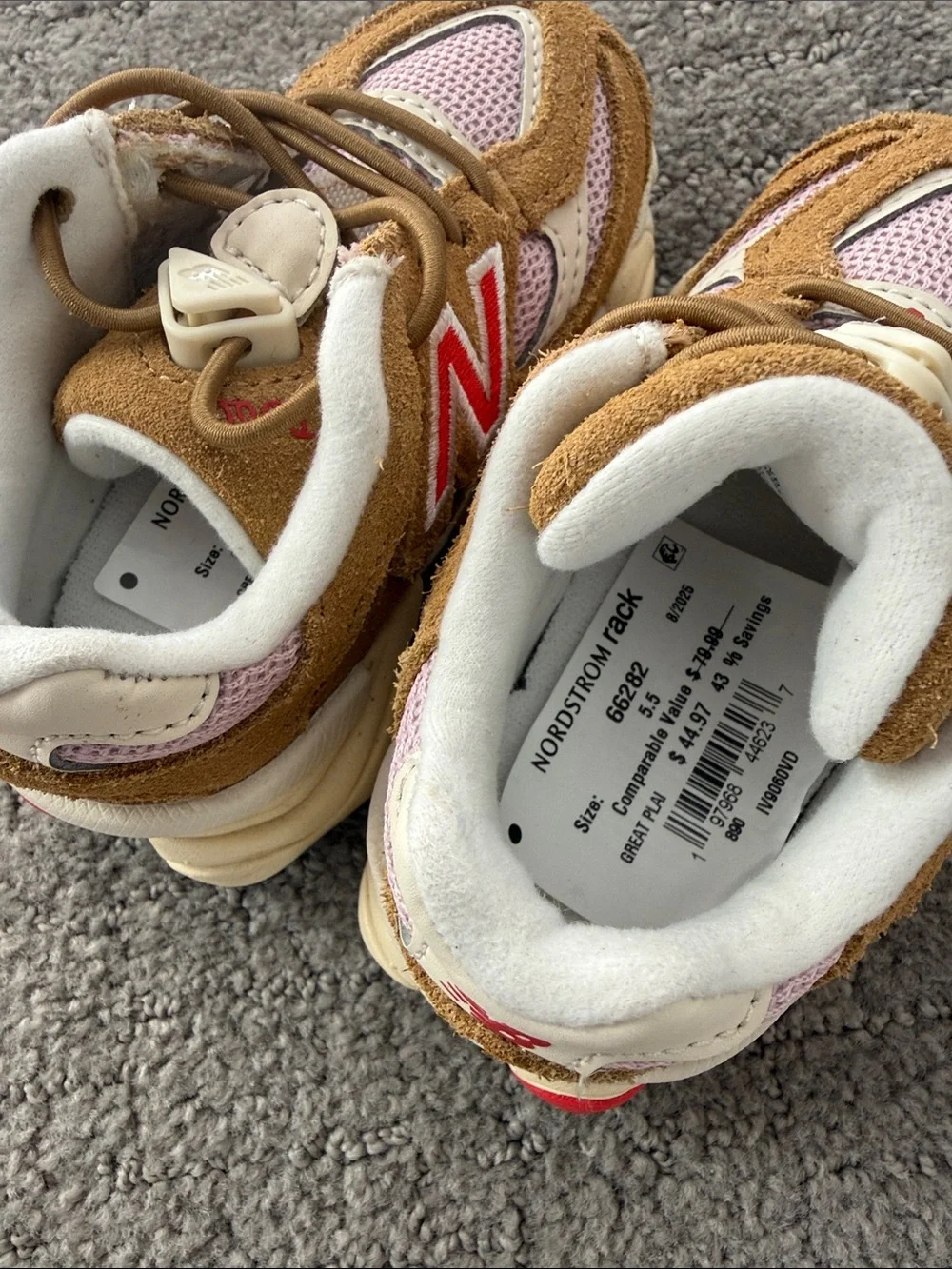 New Balance Kids Tan Suede and Pink Mesh Sneakers with Red N Accents
